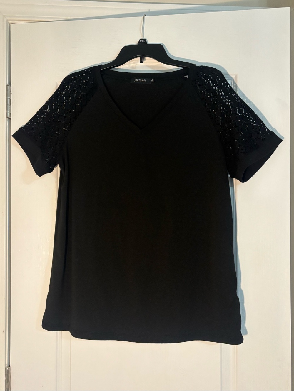 Black V-Neck Top with Lace Short Sleeves